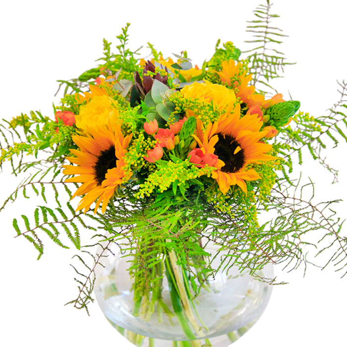 The first glance at this stunning bouquet, carefully crafted by Bexleyheath Florist, reveals an explosion of sunlight captured in the form of lush sunflowers and velvet-petaled yellow roses, all elegantly nestled within a clear, spherical glass vase. Central to the composition are sunflowers whose golden petals arch outwards around inky brown centres, their presence reminiscent of flower beds blossoming along the paths near Broadway Shopping Centre. Gentle spirals of garden roses, tinged in amber and lemon hues, bring a sense of tradition and refinement, while glossy red Hypericum berries peep out between the greens, much like bursts of colour found at local Saturday flower stalls. Cascading ferns, airy sprigs of goldenrod, and slender spikes of foliage give the arrangement natural movement, mirroring the wild charm of Bexleyheath's open spaces. Dustings of eucalyptus add cool tones and a soft herbal fragrance to the design, balancing the dominant yellows. The rounded glass 'fishbowl' vase spotlights the bouquet's fresh, sturdy stems, immersing them gracefully in clear water that sparkles in ambient daylight. Every element is thoughtfully chosen to evoke the feeling of celebration-whether for birthdays, anniversaries, or simply bringing seasonal cheer into a Bexleyheath home. Textures abound: from the sunflower's suede-like petals to the smooth berries and fern's light caress, the bouquet is a sensory delight. This arrangement stands as a joyful tribute to both nature and community, a radiant centerpiece offering warmth and happiness to any table in Bexleyheath.